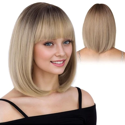 Ombre Blonde Bob, Kurze Blond Bob Perücke mit Pony