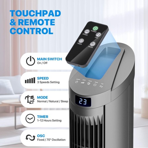 34" Quiet Tower Fan - 70° Oscillating, Remote, 3-Speed - 12H Timer 3 Modes Black - Picture 45 of 47