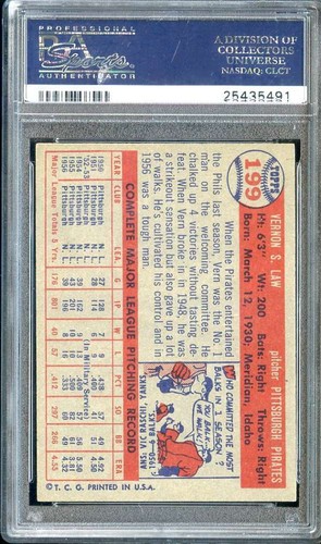 1957 TOPPS #199 VERN LAW PSA 8 PIRATI - Foto 2 di 2