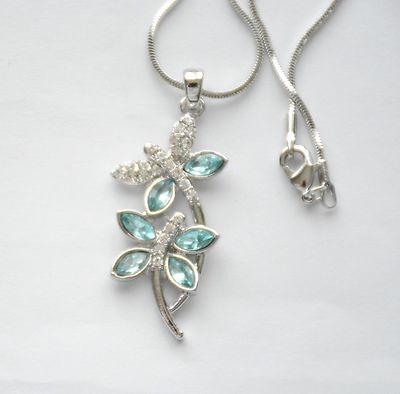 Double Dragonfly Pendent Necklace on Silver-tone Chain / Clear & Aqua Crystals