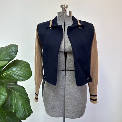 Cabi Sweater Size Small Turn Back Cardigan Varsity Blue Tan