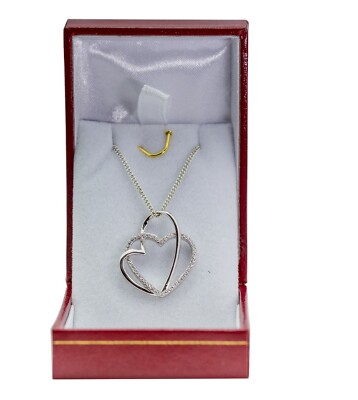 Pendentif Double Cœur En Argent Massif Avec Zirconiums - Occasion - Symbole D'amour