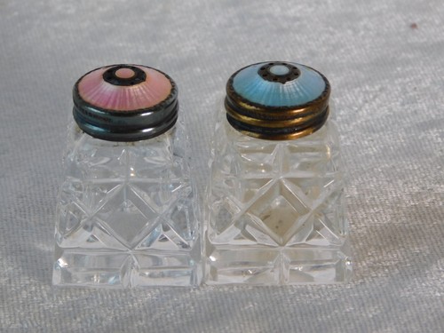 Antique Norway Guilloche Enamel Sterling Silver Pink Blue Salt Pepper Shakers - Picture 5 of 8