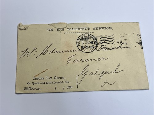 VINTAGE ENVELOPE ON HIS MAJESTY SERVICE MELBOURNE VICTORIA 1905 INCOME TAX STAMP
