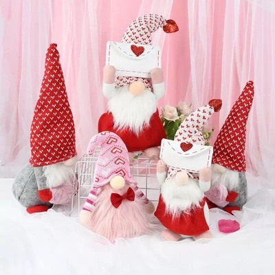 2 Valentines Day Gnomes Plush Decoration Love Note Cute Heart Pink Red