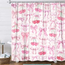Cute Pink Bow Shower Curtain Modern Aesthetic Coquette Bow Cottagecore Bow Ba...