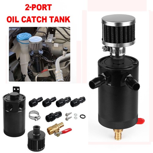 2-Port Baffled Reservoir Black W/Drain Valve Breather Car Oil Catch Can Tank - Foto 5 di 14