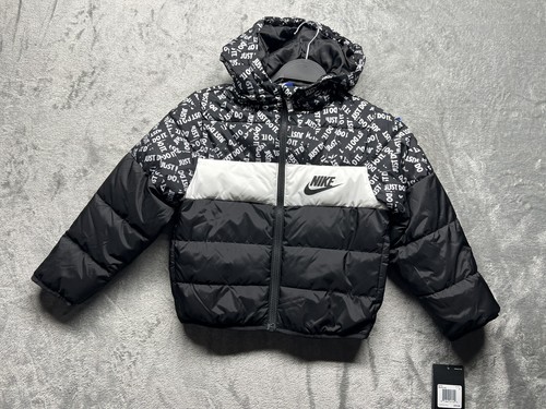 NIKE Boy S Just Do It Spellout Print Black White Zip Up Hooded Puffer Coat New - 第 1/13 張圖片