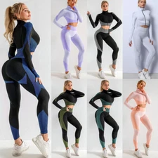 Women's 2 Piece Tracksuit Workout Set High Waist Leggings ZIP Crop Top Gym Cloth