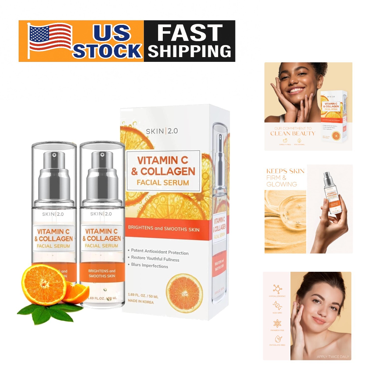 Korean Vitamin C Serum 2-Pack Brightening Hydration & Collagen Boost
