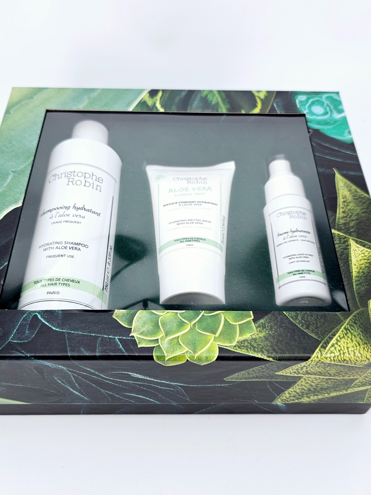 Christophe Robin Hydrating Shampoo Mask Leave In Mist Kit Aloe Vera 3Pc Gift Set