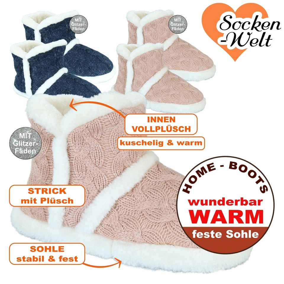 APOLLO Plüschwarme und kuschelweiche Damen Home-Boots Hausschuhe mit stabiler Sohle