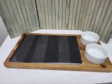 Slate and Wood Cheese board with ceramic bowls. 