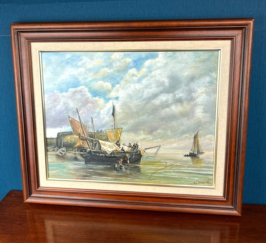 Ron Bearmore Oil Painting Fishermen Near Rotterdam Framed Seascape Harbour Art image 2