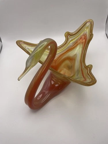 Vtg MCM Hand Blown Murano Style Ozark Art Glass Orange Yellowish Swirl Swan Bowl
