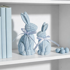 Easter Decorations Bunny Figurines Set, Blue Rattan Effect Resin Table Decor Set