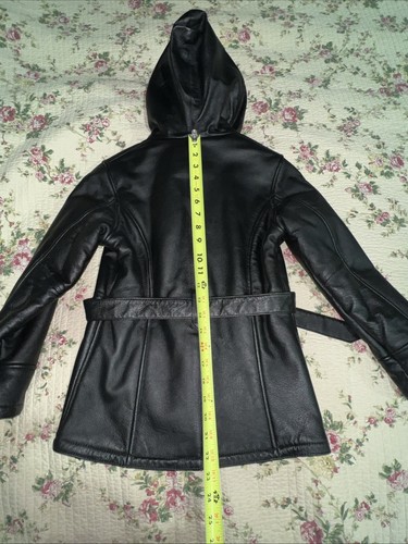 WILSONS Jacket Youth Girls Size M Black Leather Coat Hood Hat Leopard Cheetah - Picture 16 of 17