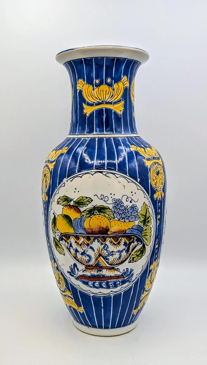 Vintage Chinese Porcelain Vase Blue Yellow Fruit Motif 12.5” Hand Painted