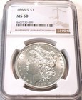 1888 S $1 NGC MS 60 Morgan Silver Dollar, Better, Better Date Uncirculated Coin — photo 1