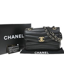 CHANEL CC Logo Chevron Miroir Chain Shoulder Bag Leather Black Vintage 880RP239