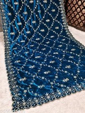 Teal Embroidery Velvet Dupatta For Bride And Women Velvet Shawl Odhani Veil
