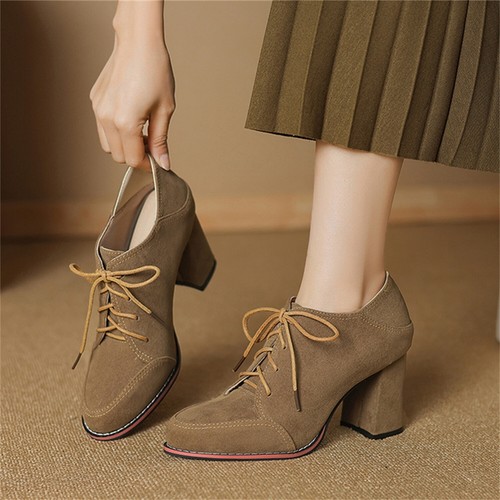 Damen Block High Heel Schnür Halbschuhe Runde Spitze Freizeit Slipper Vielseitig Schuhe