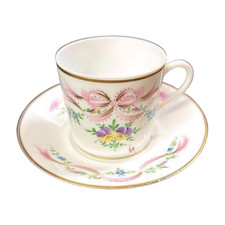 Platillo taza Selignac Limoges Laure pintado a mano cinta rosa relieve dorado Francia