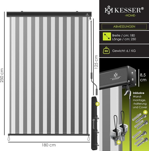 Tenda a Rullo Verticale 180 X 250 Cm Con Meccanismo a Manovella per Balcone - Foto 3 di 7