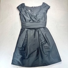 Alfred Sung Black Dupioni Cap Sleeve Cocktail Dress V-Neck Pleated D802 Size 12