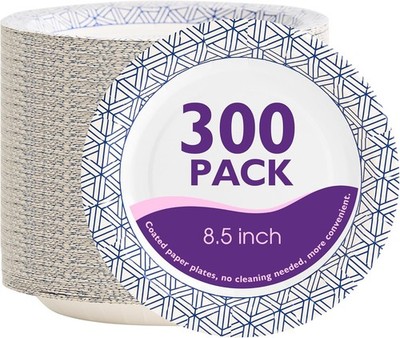 Disposable Paper Plates 8.5 Inch 300 Count, Soak Proof and Cut Resistant Heavy