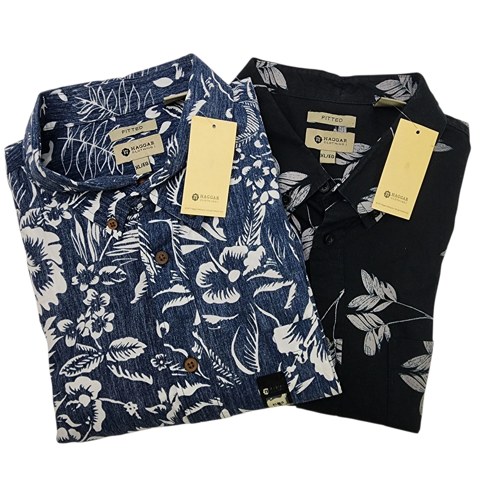 Haggar XL 2 Floral Fitted Button Up Short Sleeve Camp Hawaiian Shirts Black Blue