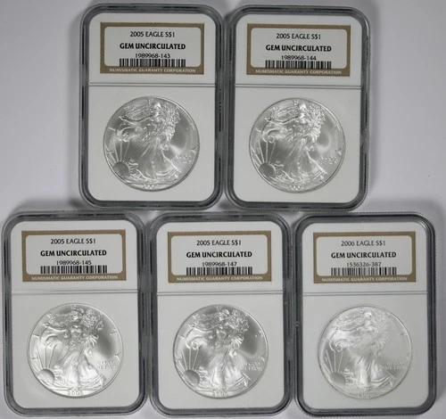 Lot 5 Coins 2005 American Silver Eagle $1 Gem Uncirculated NGC