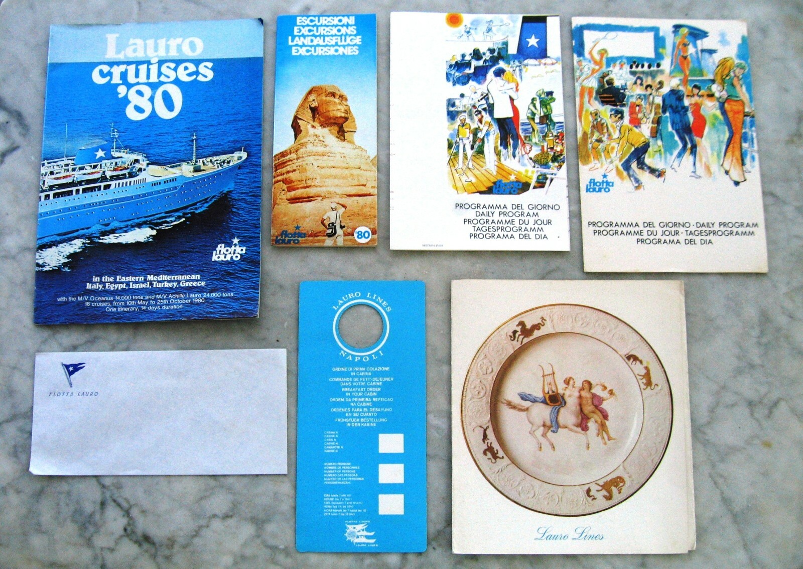 Gadget depliants vintage anni '70 '80 flotta Lauro Lines Napoli nave crociera