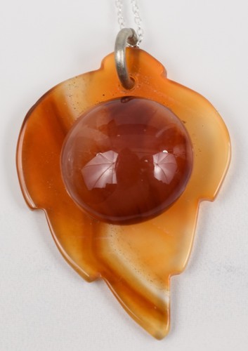 Sterling Silver 18" Chain w/ Carnelian Leaf & Half-Dome Carnelian Pendant - Picture 7 of 13