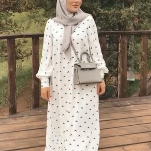 Damen Langarm bedruckt Plissee Muslim Dubai Abaya Party langes Maxikleid Robe - Bild 6 von 12