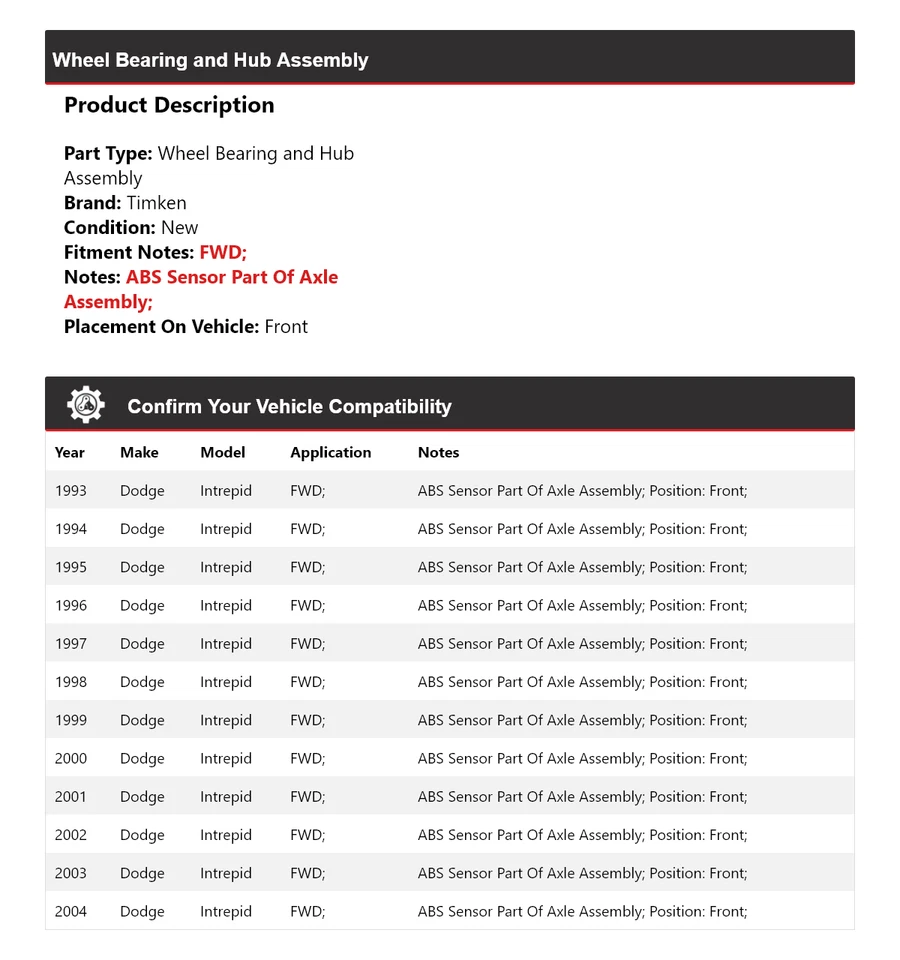Conjunto de cojinete de rueda y buje delantero Timken para Dodge Intrepid 1993-2004 tracción delantera Foto 2 de 4