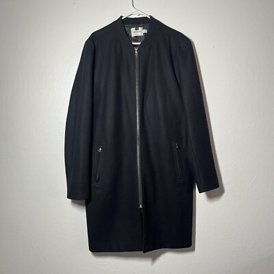 Topman Wool Blend Trench Coat Men Size Large Black Full Zip Pockets Long Length