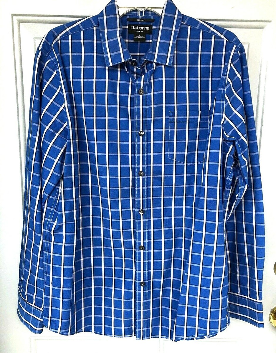 Claiborne 80'S 2-Ply Slim Fit Blue Cotton Long Sleeve Dress Shirt Men's Sz L Claiborne 80'S 2-Ply Slim Fit Blue Cotton Long Sleeve Dress Shirt Men's Sz L