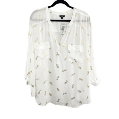 Torrid White & Gold Metallic Pineapple Print Semi Sheer Harper Blouse Size 4X