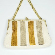 Beaded Regale LTD Evening Purse Handbag Gold Silver White Striped Clutch