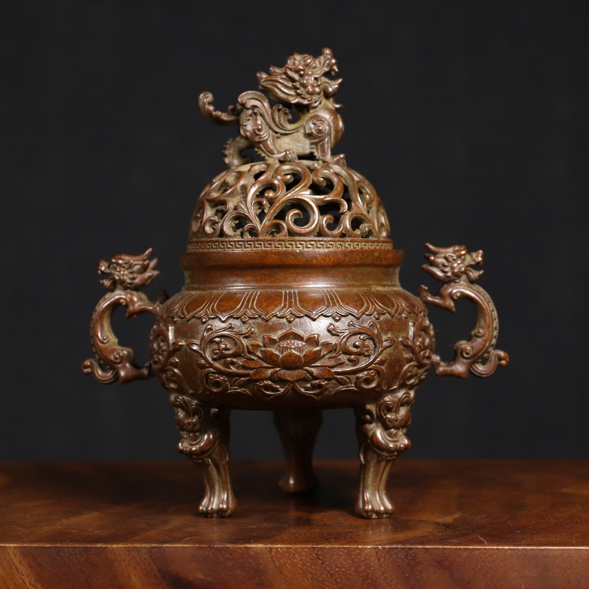 Pure copper Pixiu button winding lotus dragon ear incense burner