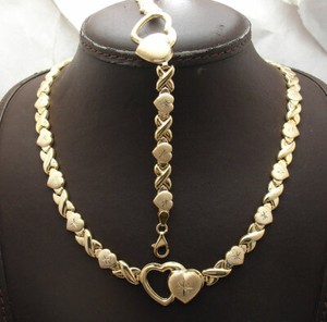 Authentic Diamond Cut Hearts & Kisses Bracelet Necklace Set 10K Yellow Gold Plated Silver