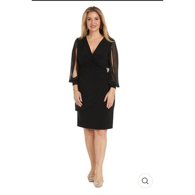 NWT- R & M Richards Black Cocktail Dress W/Sheer Balloon Sleeves & slit Size 12P