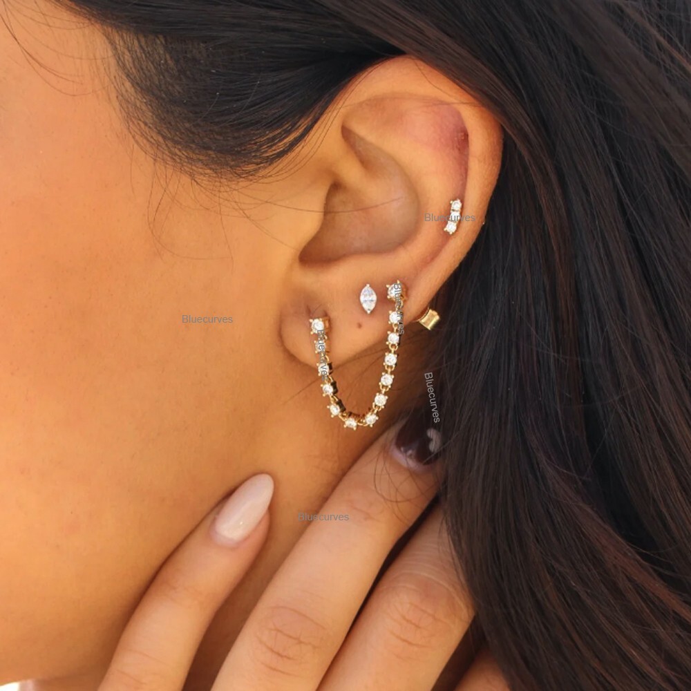 Double Piercing Studs with Tennis Diamond Wrap Chain