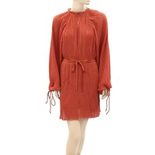 ASOS DESIGN High Neck Plisse Rust Mini Dress Long Blouson Sleeves M-8 New 233678