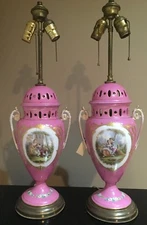 Pair Antique French Old Paris Pink Porcelain Lamps Courting Scenes H 25"