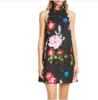 Ted Baker Tanii Black Floral Scallop Shift Dress Halter Neckline Zip Up Size 2