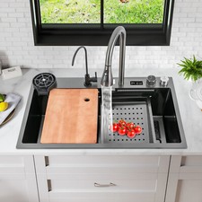 Waterfall Stainless Steel Sink Kitchen Sink with Digital Pull-Out Faucet Board