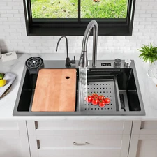 Waterfall Stainless Steel Sink Kitchen Sink with Digital Pull-Out Faucet &Board