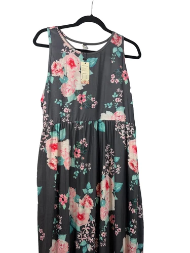 NWT ZZER Maxi Dress Racerback Pockets Gray/Pink Floral Size XXL Super Comfy